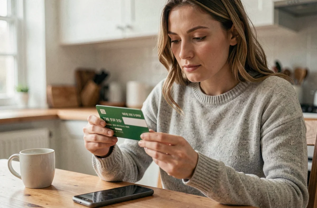 Femme activant sa nouvelle carte bancaire Crédit Agricole depuis son smartphone à la cuisine