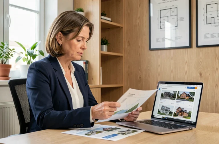 Agente immobilière comparant des offres de rénovation sur un ordinateur et des documents imprimés dans un bureau moderne