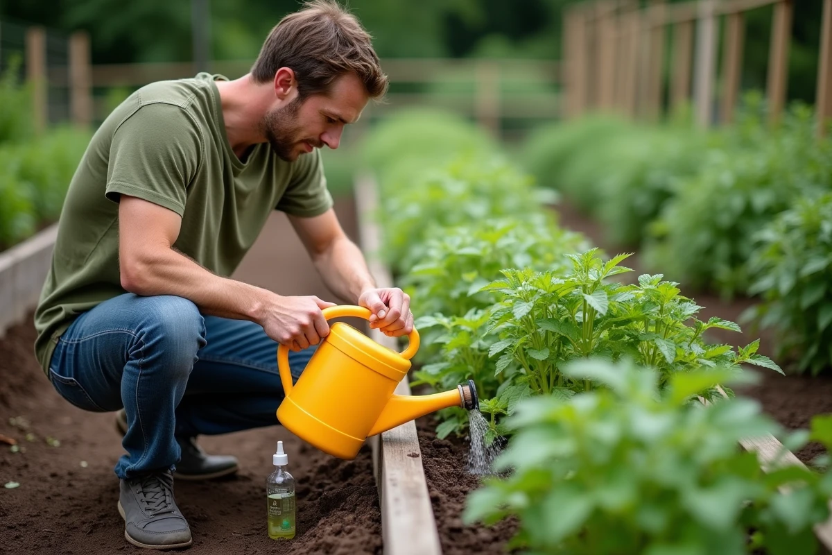 Homme arrosant ses légumes avec une solution dosée à base de chlore