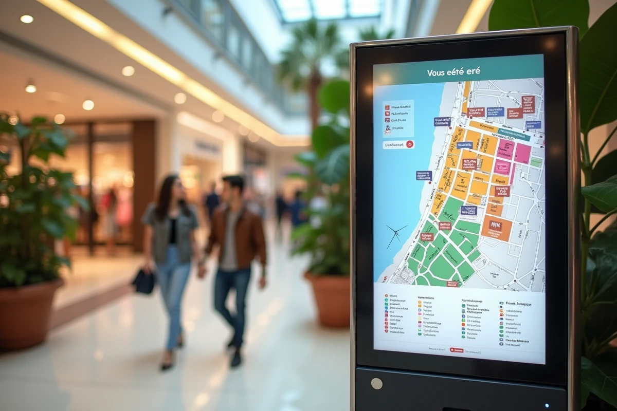 Borne de plan interactif dans une galerie marchande de mode avec indication de localisation