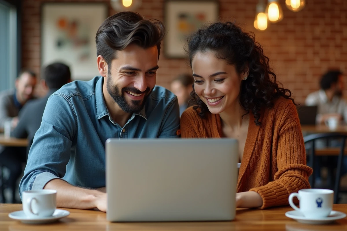 Deux professionnels collaborant sur un ordinateur portable pour analyser des flux d'intégration API dans un espace de coworking au style café moderne