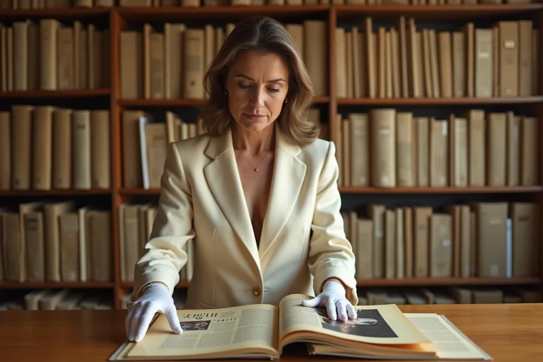 Collectionneuse examinant un numéro vintage de Vogue des années 1960 dans une salle d'archives privée remplie de magazines de mode
