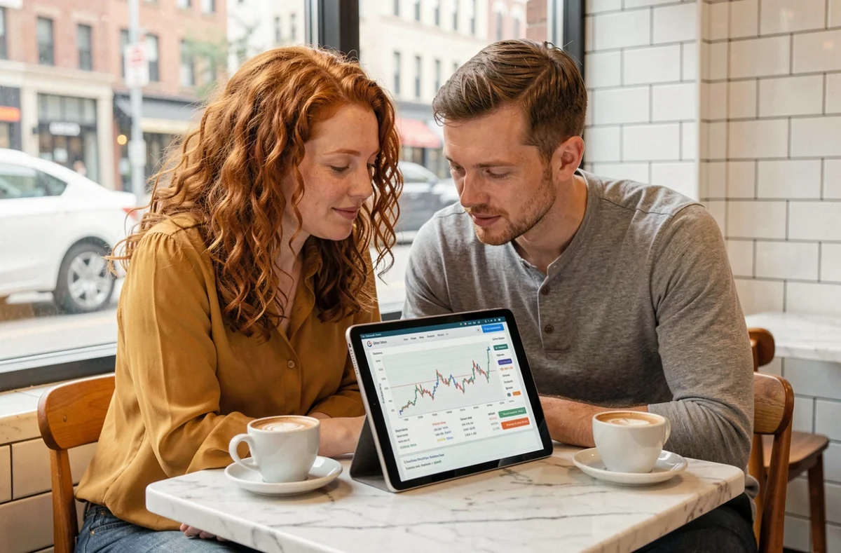 Deux collègues consultant un tableau de bord de trafic organique sur une tablette dans un café pour améliorer la visibilité SEO de leur entreprise