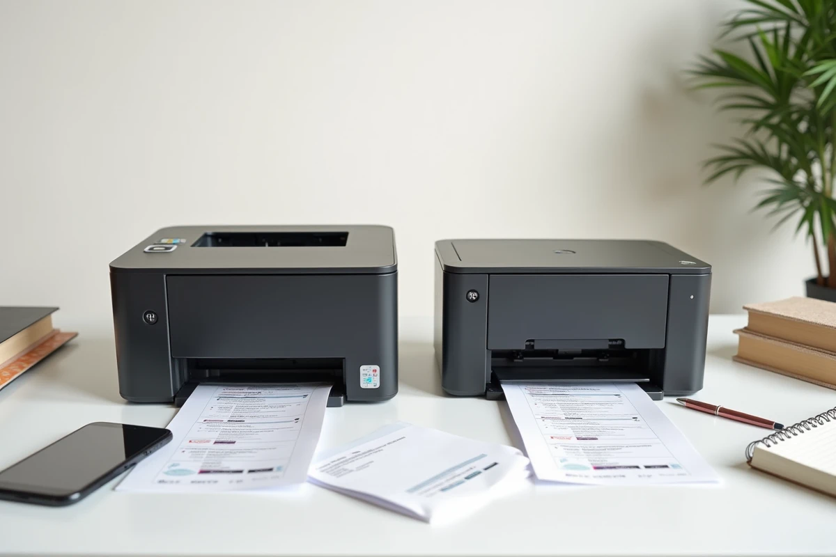 Comparaison de deux imprimantes laser, une monochrome et une couleur multifonction, posées côte à côte sur un bureau avec des impressions test