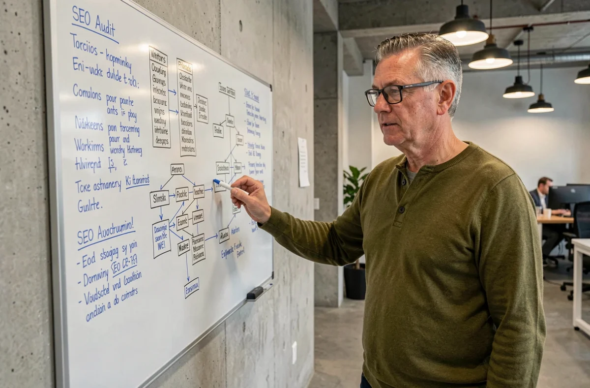 Consultant SEO senior présentant une stratégie de référencement naturel sur un tableau blanc dans un espace de coworking