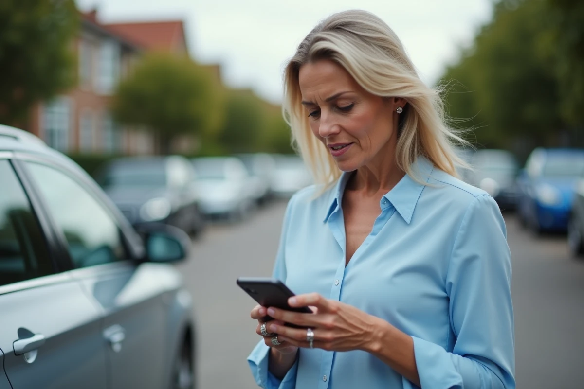 Femme utilisant une application mobile pour estimer la cote de sa voiture dans un parking résidentiel
