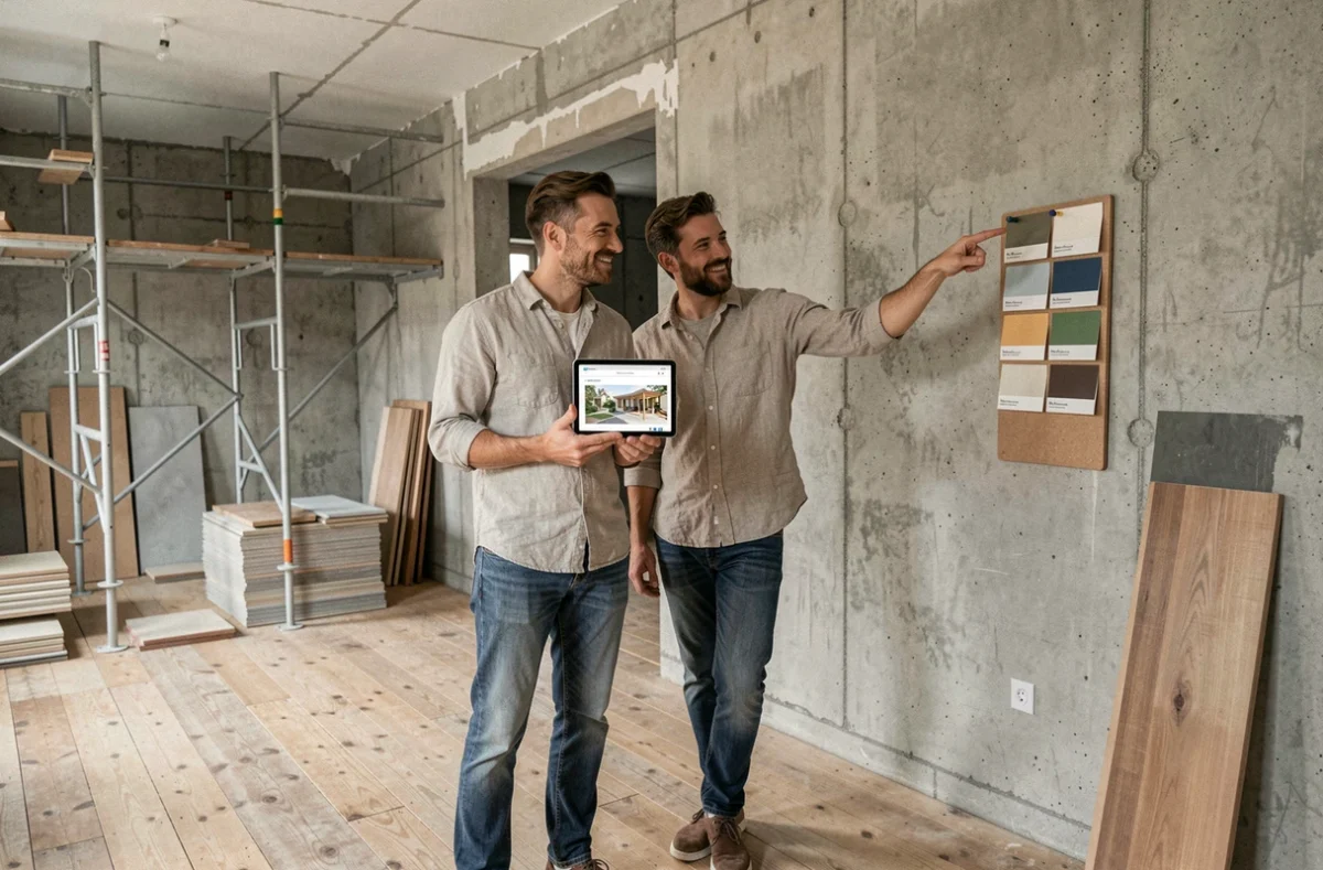 Couple consultant un comparatif de rénovation immobilière sur tablette dans un appartement en cours de travaux