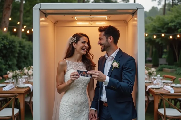 Couple de mariés souriant devant un photobooth mariage Kruu lors d'une réception en plein air avec des banderoles florales