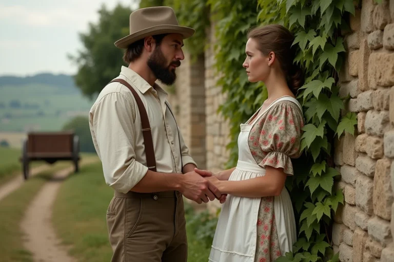 Couple de paysans du XIXe siècle tenant leurs mains enlacées devant une ferme en pierre dans la campagne française