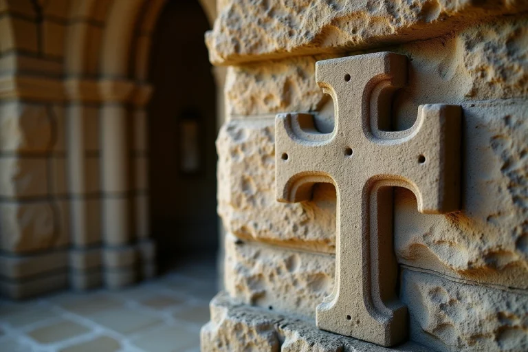 Croix des Templiers sculptée dans une pierre ancienne de chapelle médiévale avec détails d'érosion et de mousse