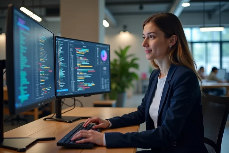 Développeuse web analysant une documentation d'API sur deux écrans dans un bureau open-space moderne, illustrant l'intégration technique en entreprise
