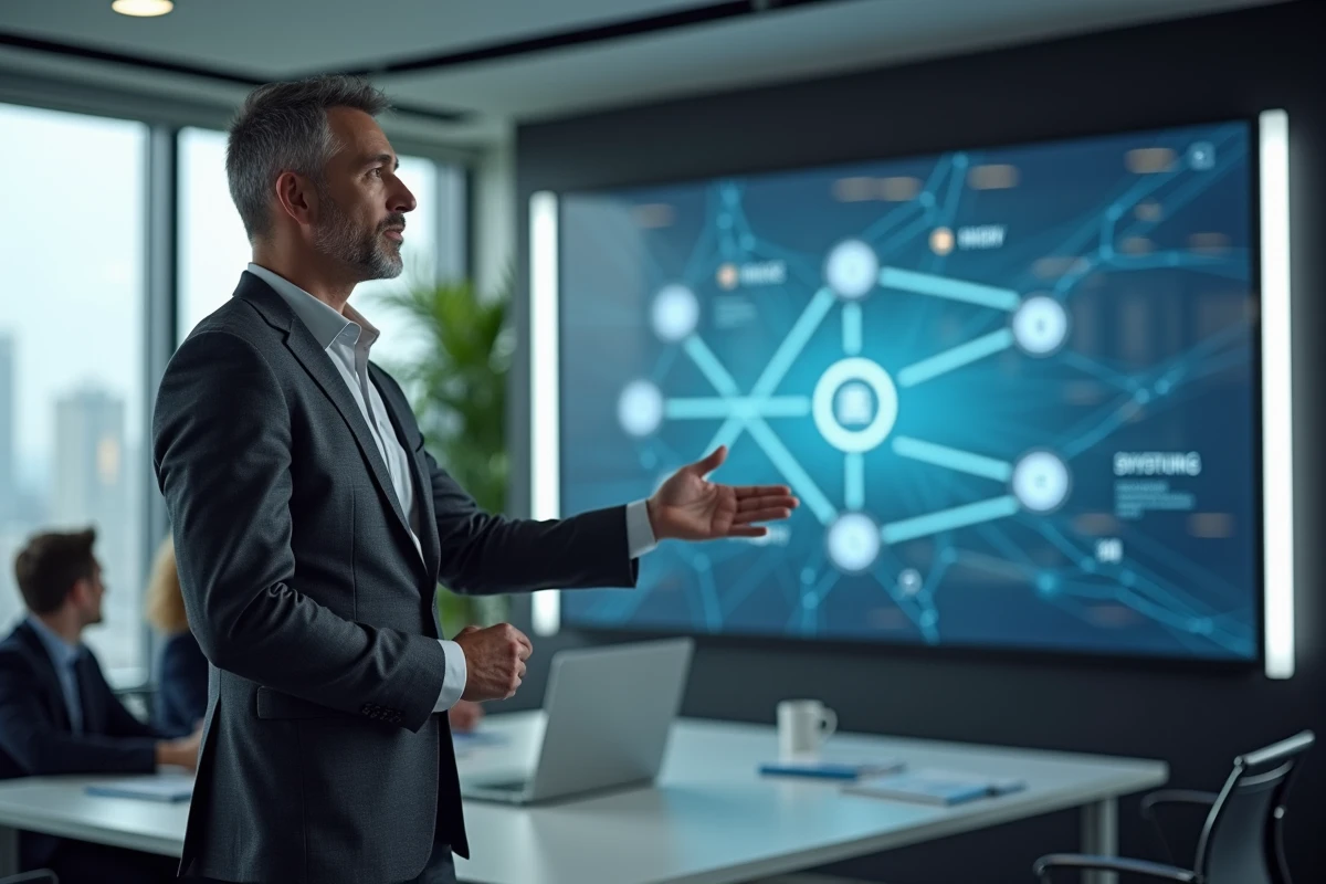 Directeur informatique présentant un schéma d'architecture d'intégration de systèmes lors d'une réunion d'équipe en salle de conférence vitrée