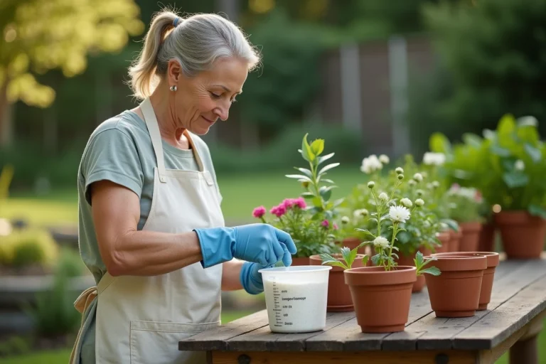Femme mesurant une dose de chlore près de ses plantes de jardin