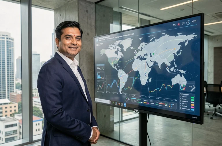Économiste analysant des données de commerce mondial sur un écran interactif dans un bureau moderne, illustrant l'impact des nouvelles technologies sur l'économie mondiale