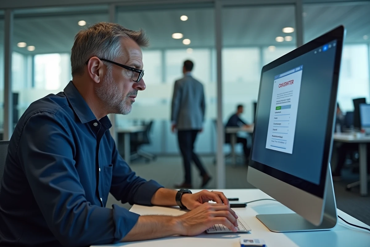 Employé de bureau cherchant à résoudre une erreur de connexion sur un portail RH MyPeopleDoc en entreprise