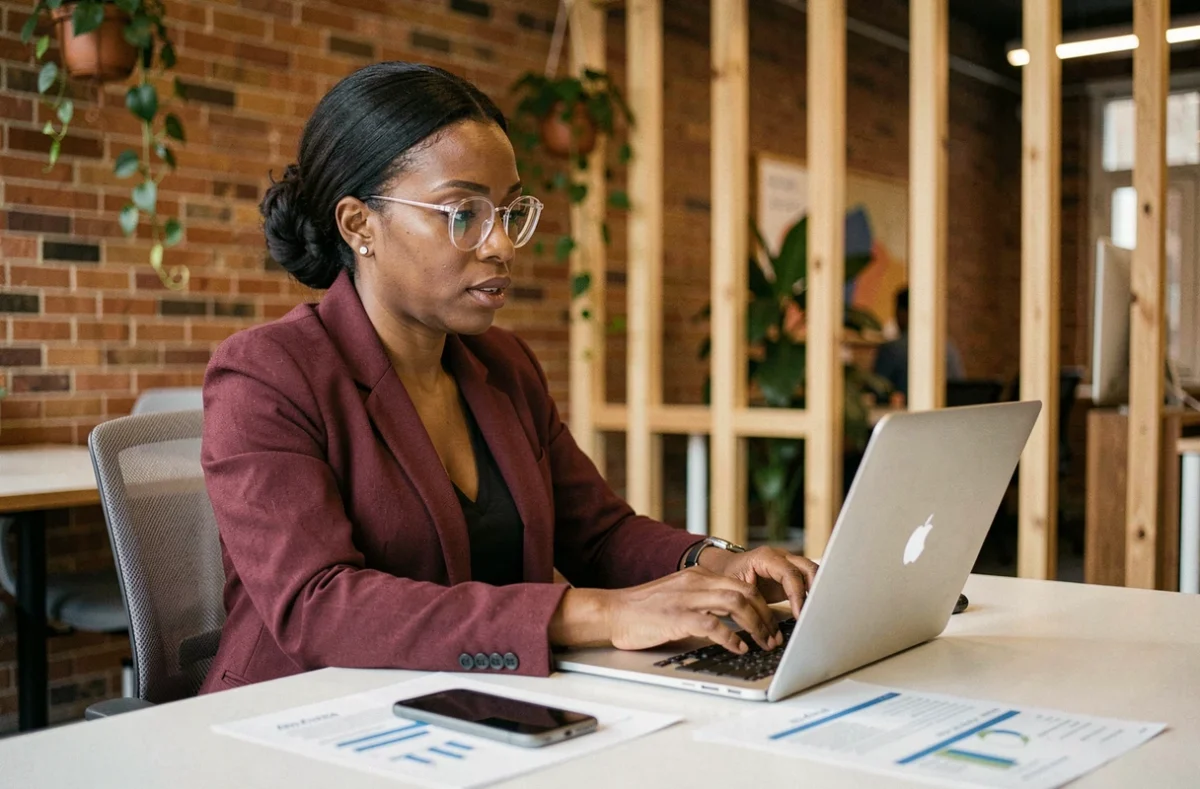 Entrepreneuse en fintech travaillant sur des données économiques dans un espace de coworking, symbolisant la transformation numérique de l'économie mondiale par les nouvelles technologies