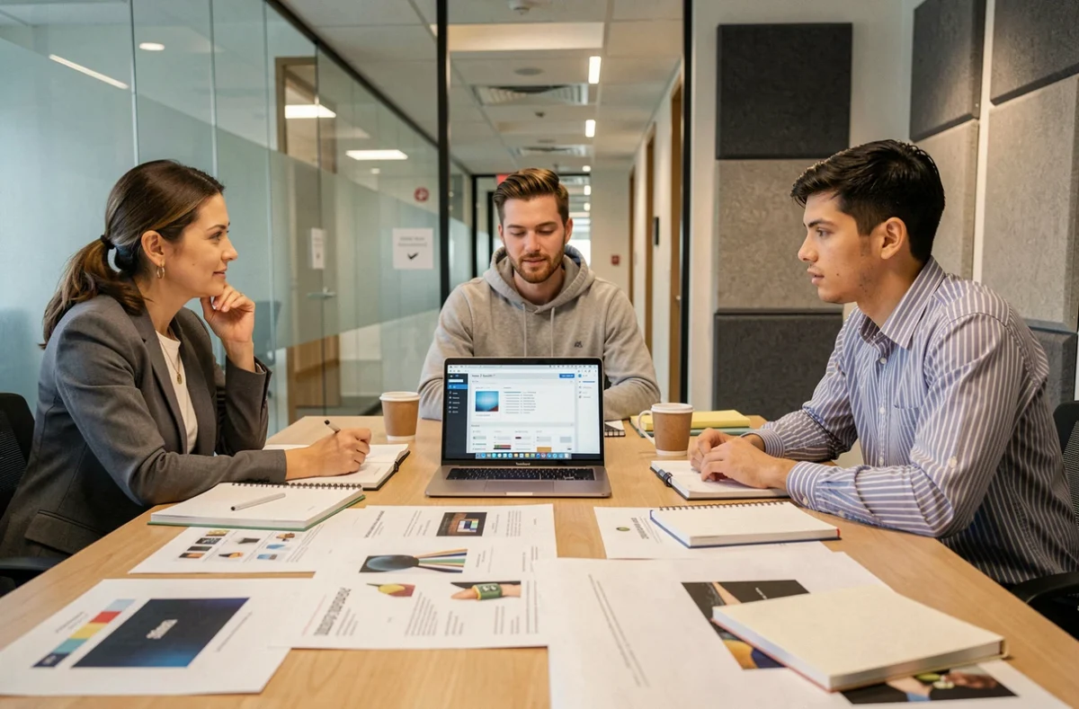 Équipe de professionnels collaborant autour de The Z Suite lors d'une réunion créative en entreprise