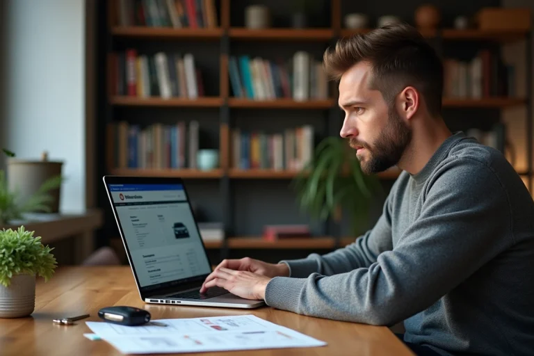 Homme consultant une estimation de valeur de voiture en ligne sur un ordinateur portable avec des documents et des clés de voiture sur le bureau