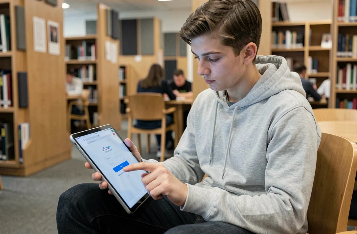 Étudiant consultant le webmail Convergence Bordeaux sur une tablette dans une bibliothèque universitaire