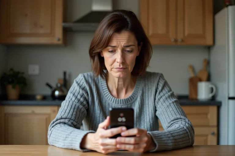 Femme inquiète regardant un appel suspect depuis un numéro en 05 sur son smartphone dans une cuisine