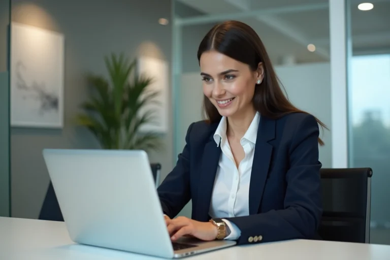 Femme en blazer navy travaillant sur son ordinateur au bureau