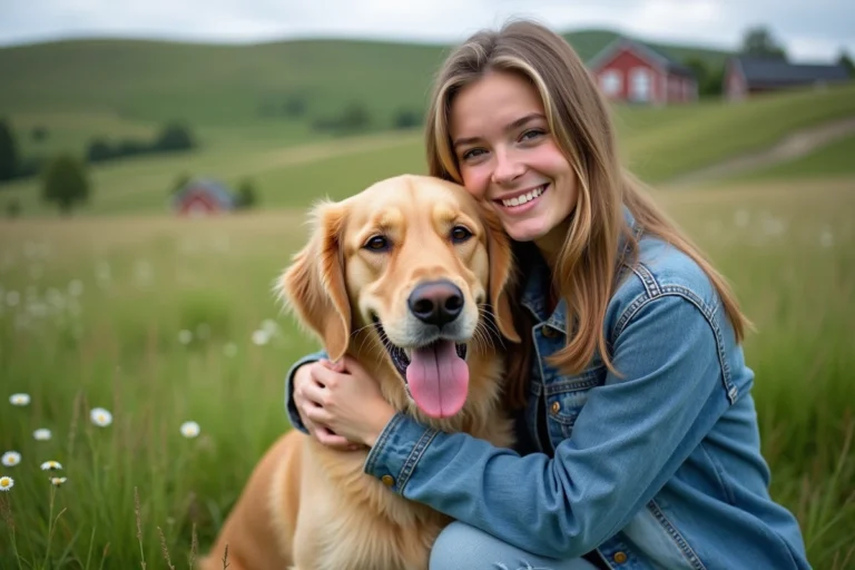 Jeune femme dans un champ vert avec un chien golden retriever