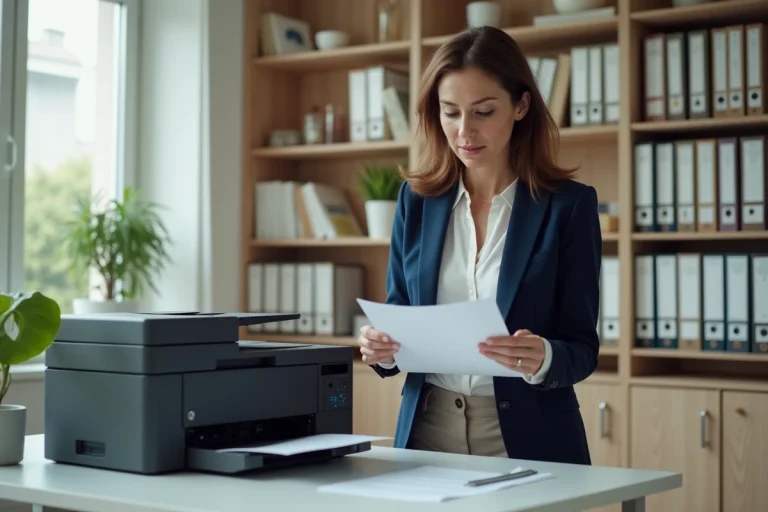 Femme examinant un document imprimé par une imprimante laser dans un bureau à domicile moderne