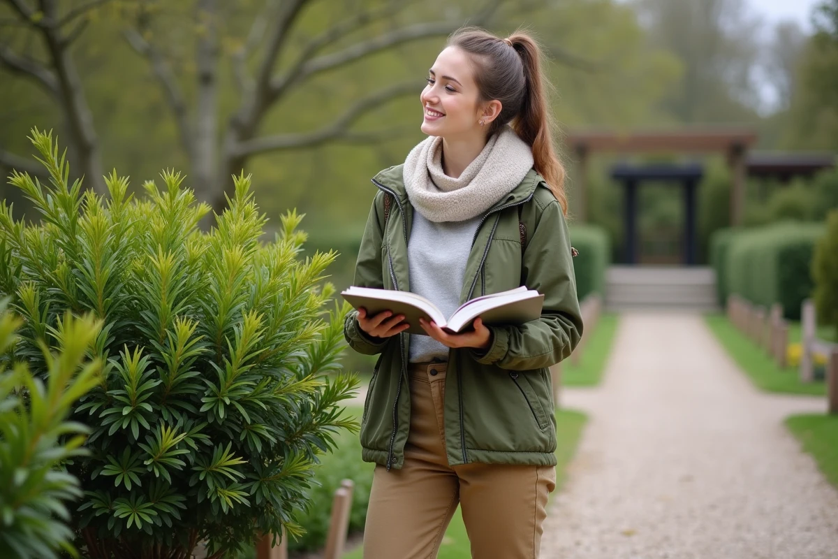 Jeune femme lit un livre de jardinage près du rhus viminalis