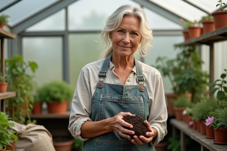 Femme en jardinage dans une serre lumineuse