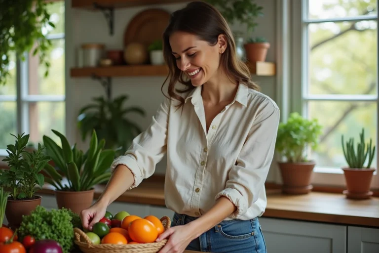 Femme souriante arrangeant des légumes bio dans une cuisine rustique