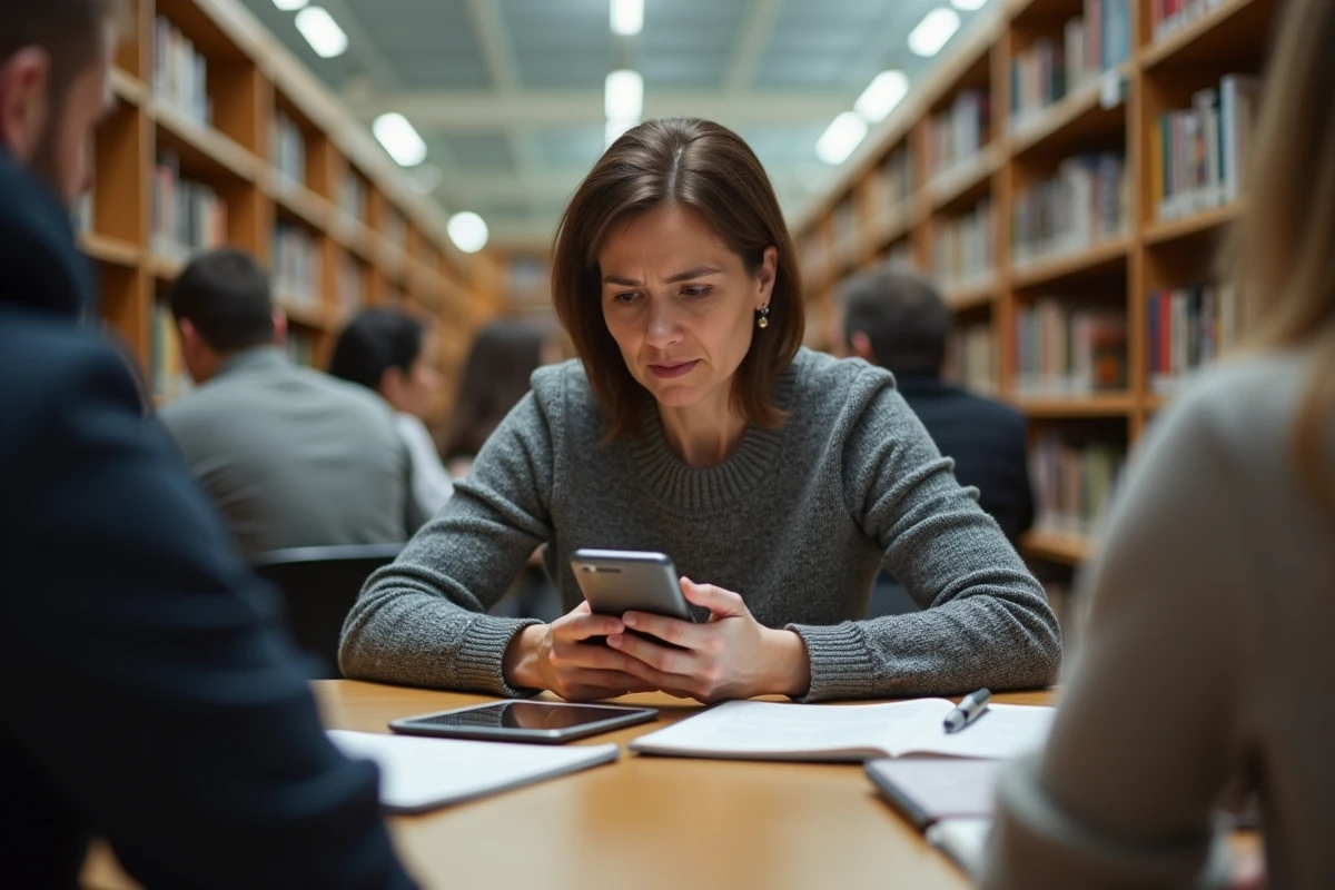 Femme lisant sur son smartphone dans une bibliothèque