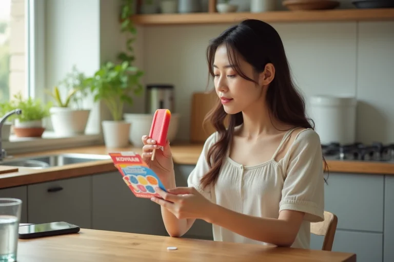 Jeune femme examine une glace Mister Freeze dans la cuisine