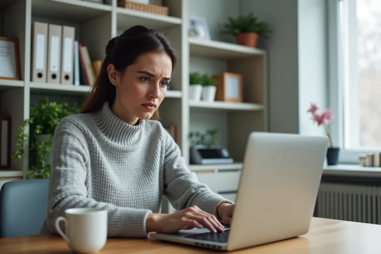 Femme frustrée tentant de résoudre un problème de connexion sur MyPeopleDoc depuis son bureau à domicile