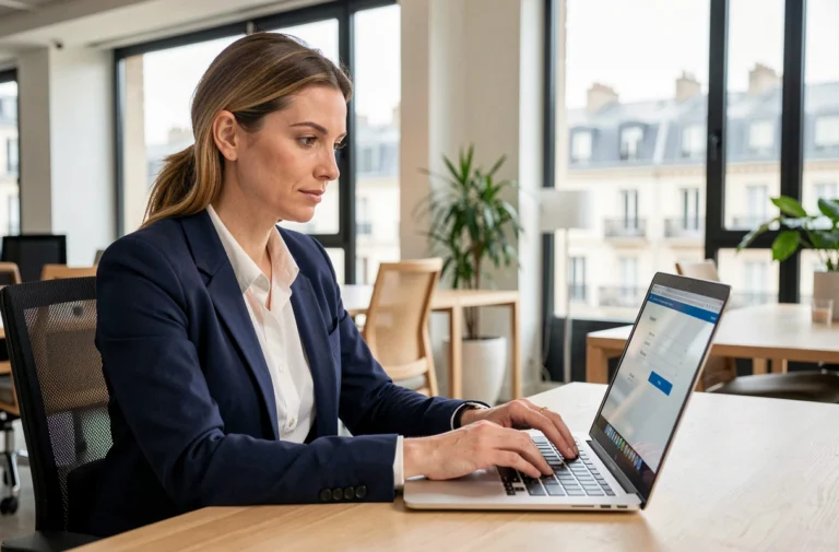 Femme professionnelle connectée à son webmail Convergence Bordeaux depuis un bureau moderne