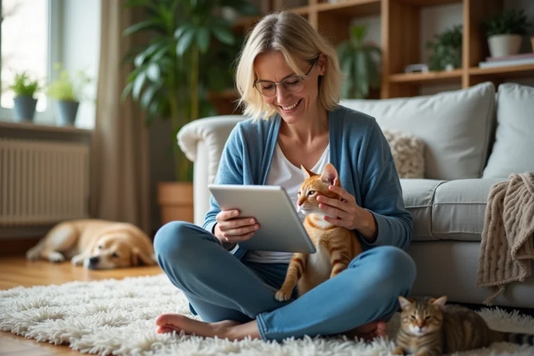 Femme assise avec chat et tablette dans un salon cosy