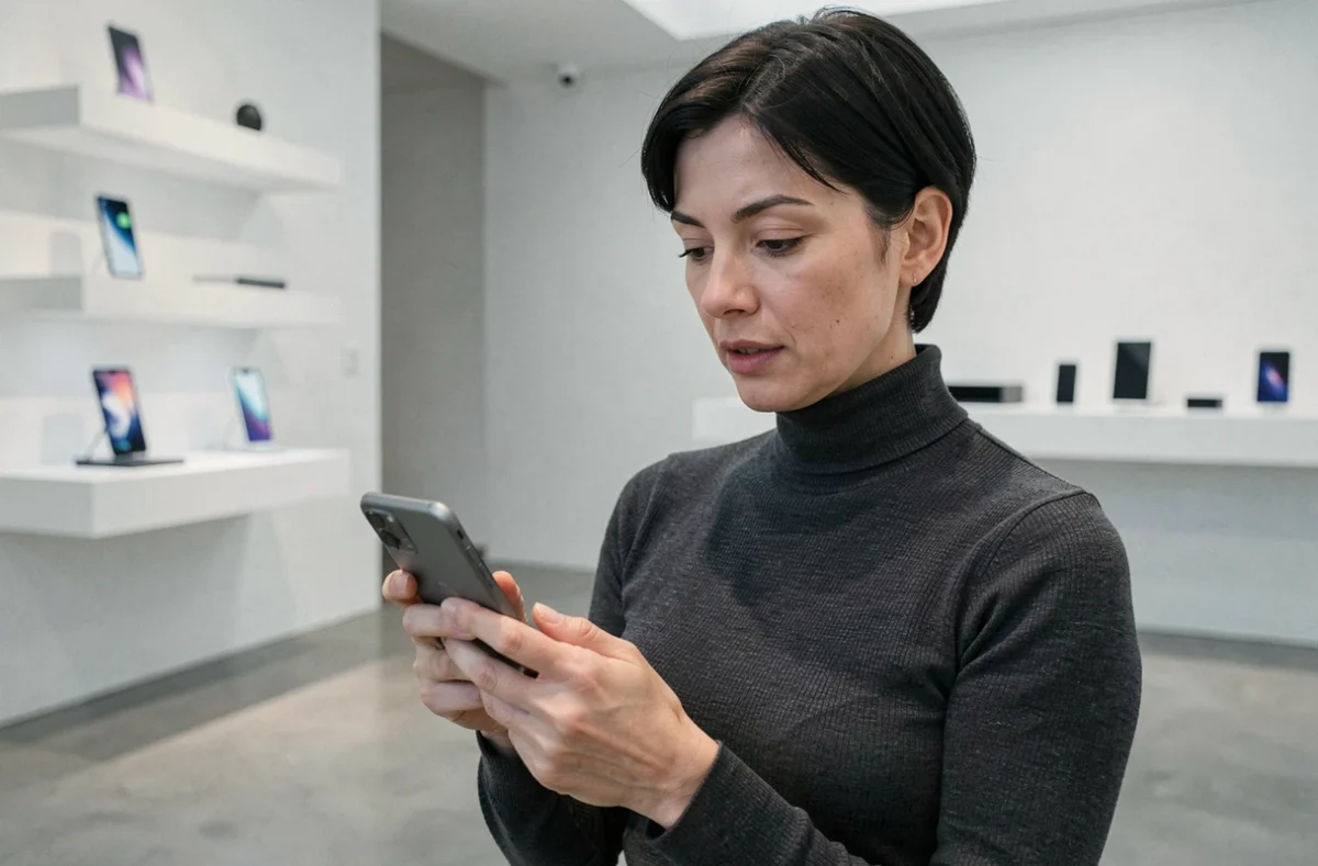 Femme tenant un smartphone pliable dans un showroom high-tech minimaliste, découvrant les nouveautés technologiques de la semaine