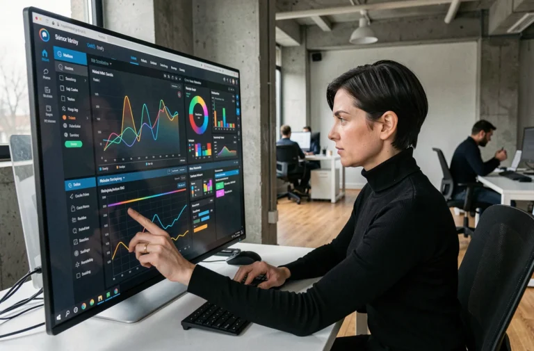 Femme utilisant The Z Suite sur un grand écran tactile dans un studio créatif moderne