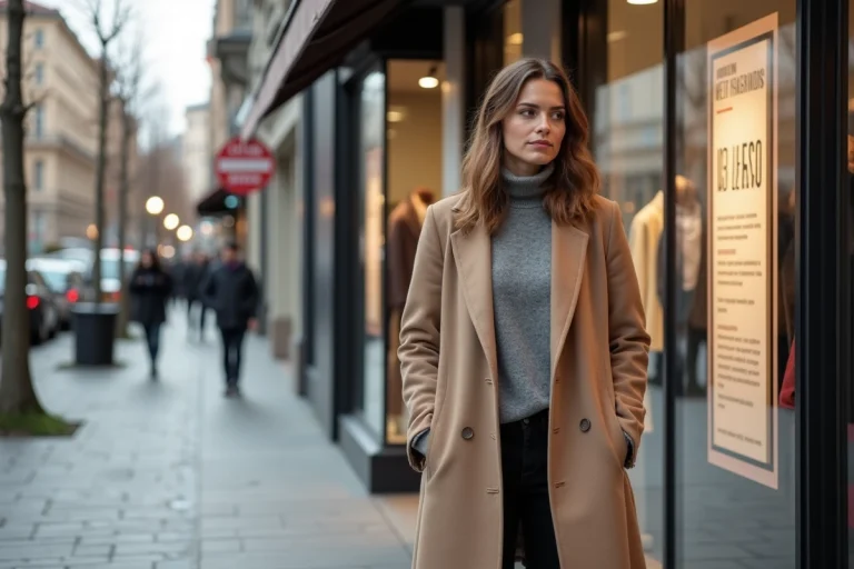 Femme en manteau beige dans une rue animée