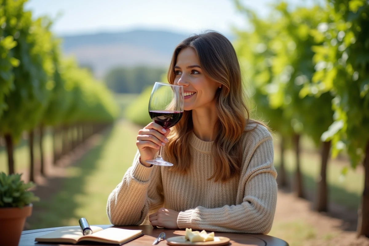Femme sentant un vin dans un vignoble en plein air