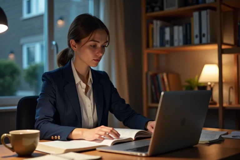 Femme en trentaine travaillant sur ses cours universitaires à son bureau à domicile tout en gérant sa carrière professionnelle