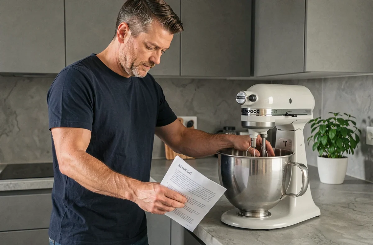Homme consultant une notice pour démonter le bol de son robot Kenwood dans une cuisine contemporaine ouverte