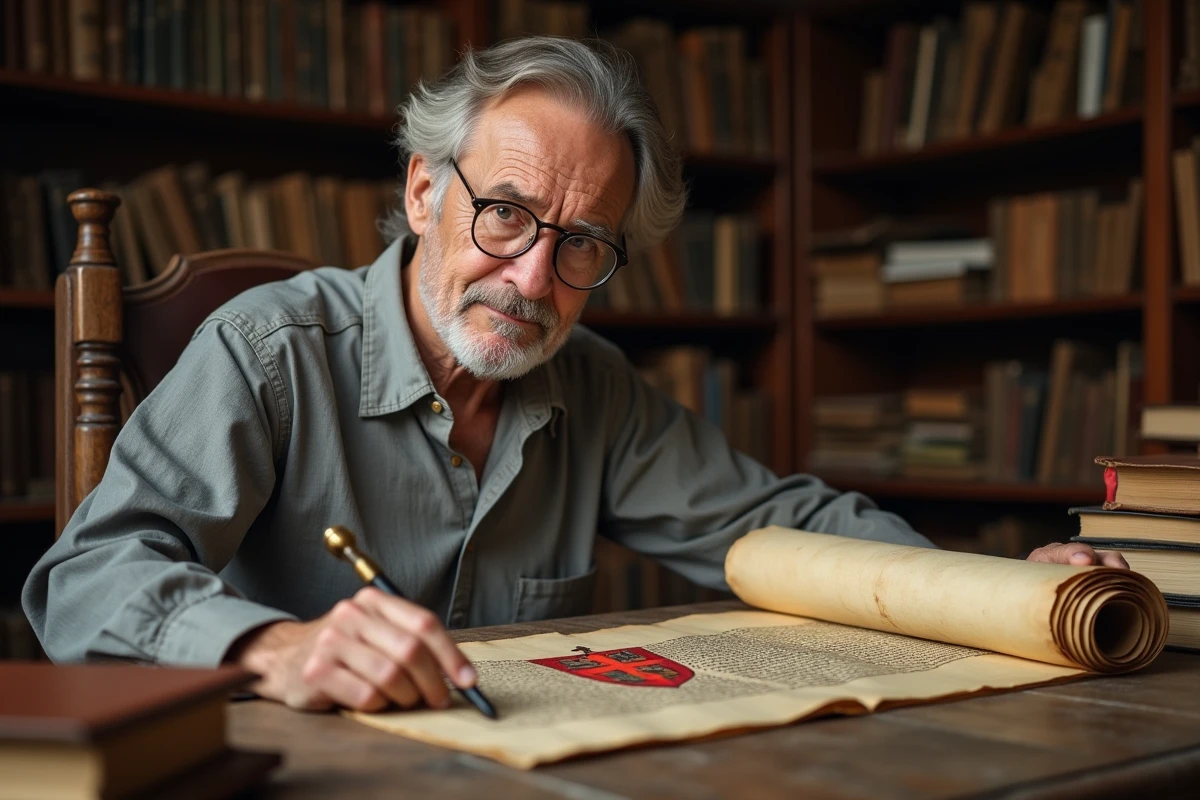 Historien examinant un manuscrit ancien illustrant les symboles héraldiques des chevaliers templiers