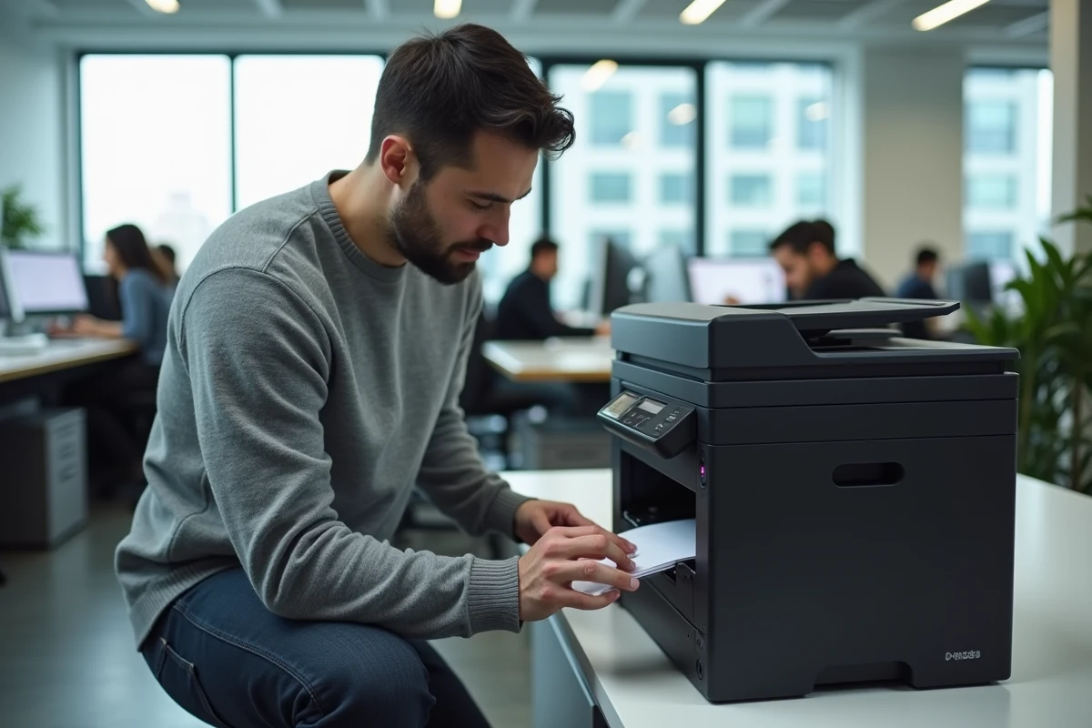 Homme chargeant le bac papier d'une imprimante laser dans un espace de travail professionnel en open space