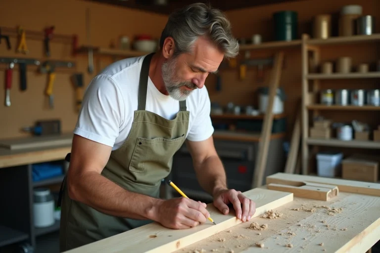 Homme mesurant une planche en bois dans un atelier de bricolage maison avec des outils accrochés au mur
