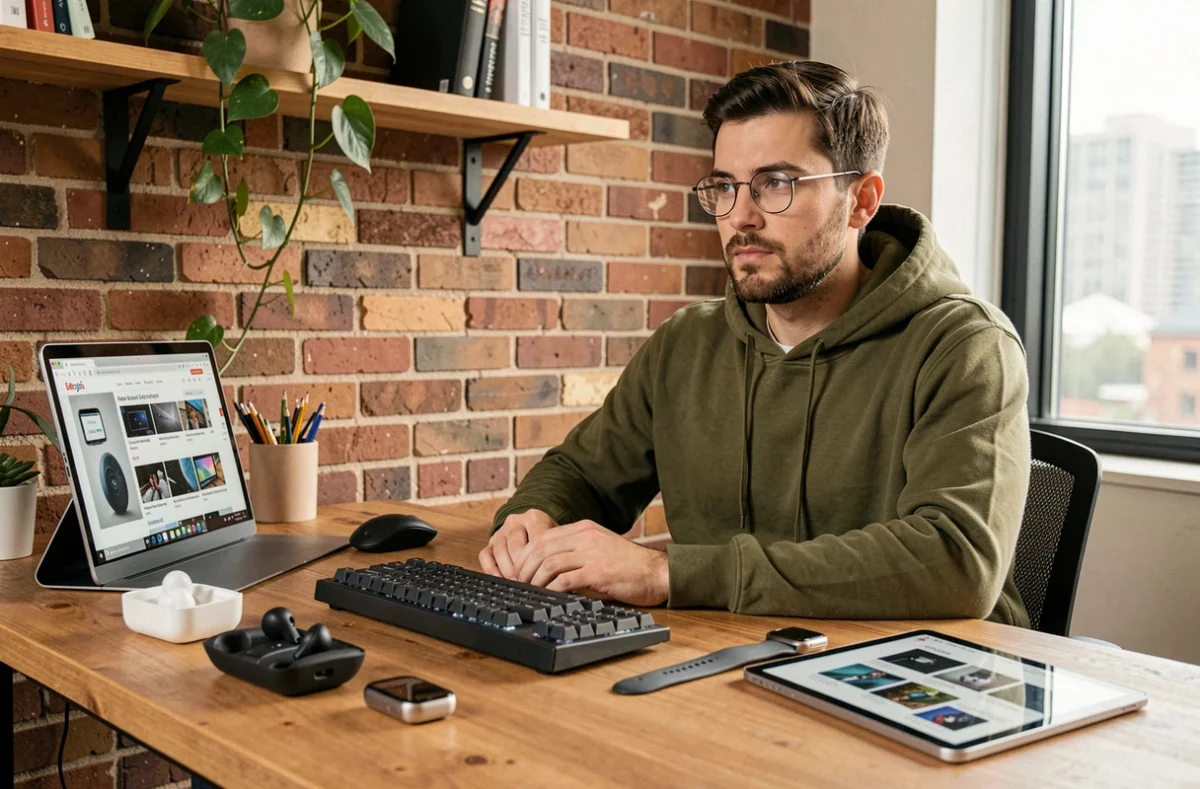 Jeune homme geek entouré d'accessoires high-tech sur un bureau en bois dans un bureau à domicile, testant les dernières nouveautés