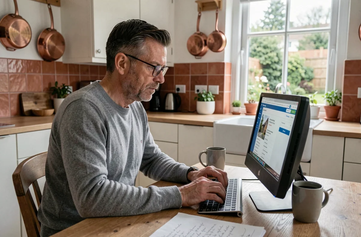 Homme comparant des services de rénovation immobilière sur ordinateur dans une cuisine rénovée moderne