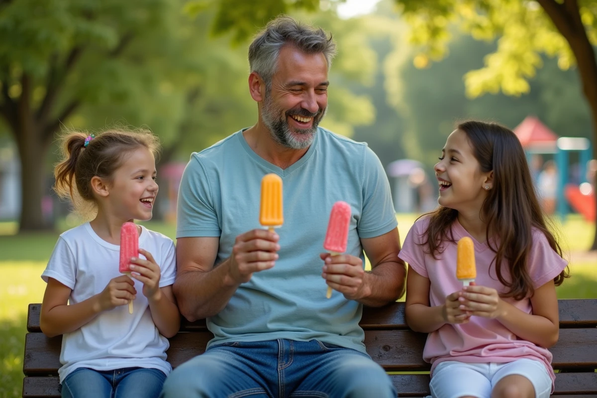 Homme et enfants partagent une glace Mister Freeze dans un parc