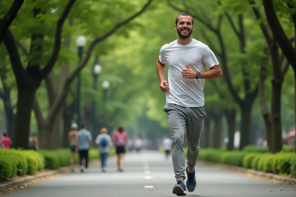 Homme courant dans un parc urbain verdoyant en tenue décontractée
