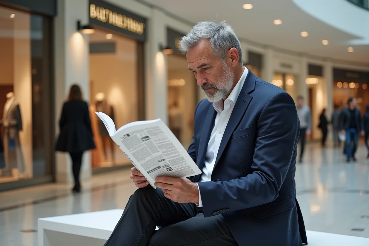 Homme étudiant le plan papier d'une galerie de mode assis sur un banc dans un centre commercial