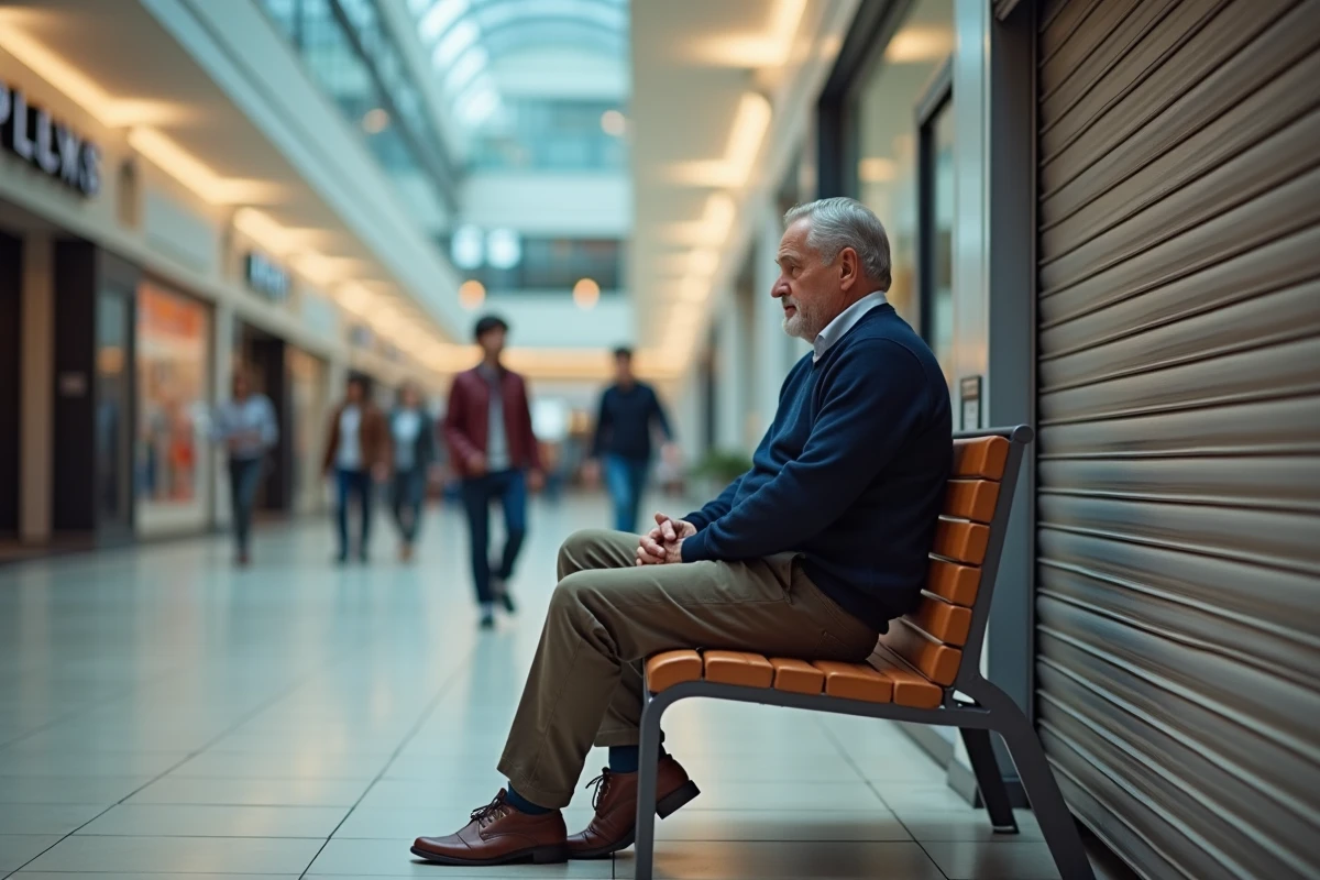 Homme assis dans un centre commercial vide